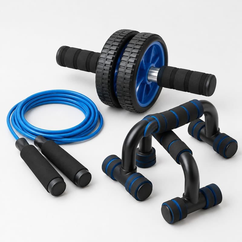 A pair of adjustable dumbbells with a dial at each end, resting in their molded cradles