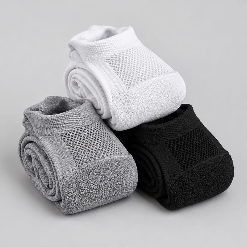 Three pairs of low-cut socks in white, grey and black, rolled and stacked on a light background
