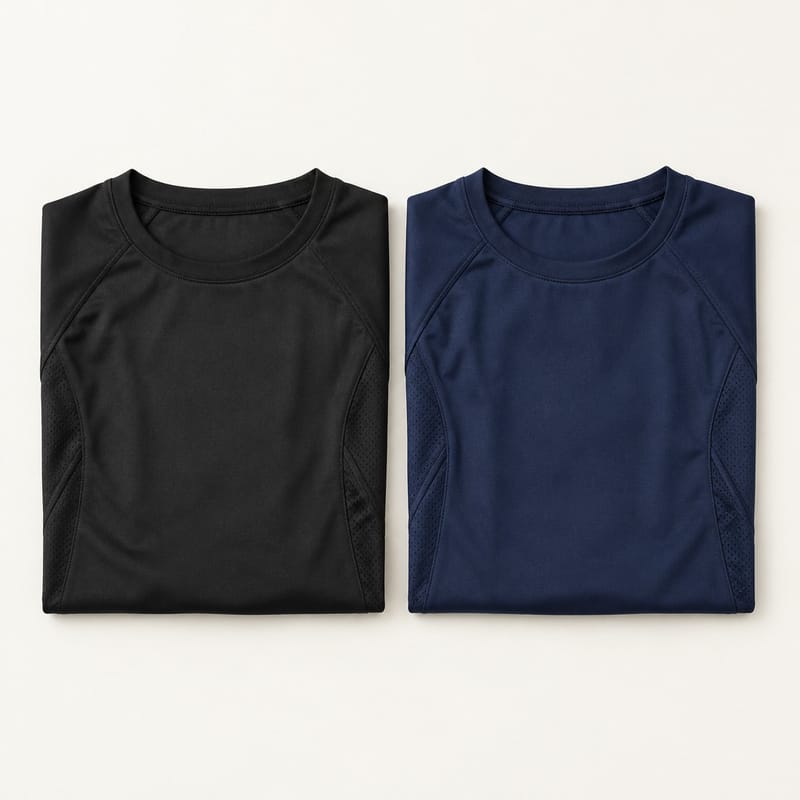 A black and a navy lightweight crew-neck jersey folded side by side